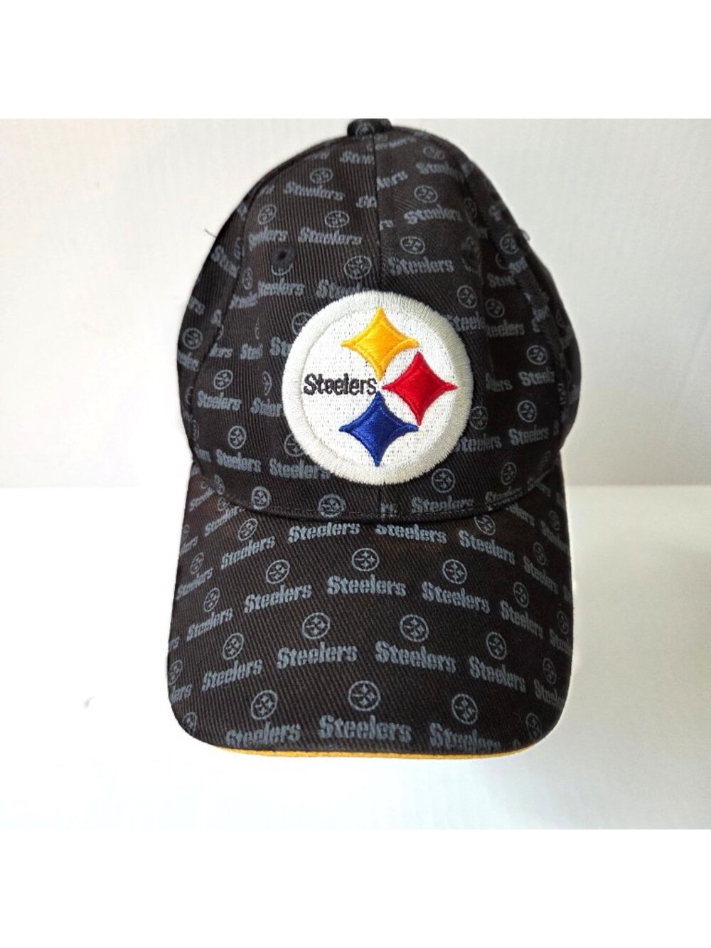 Vintage Pittsburgh Steelers Hat Cap One Size Black Snapback Spellout AOP Reebok